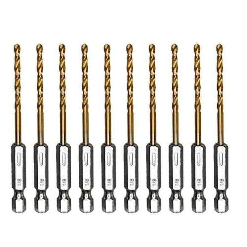 amoolo 1/8 Hex Shank Drill Bits, 10Pcs Titanium HSS Twist Impact Drill Bit Set for Metal, Steel, Wood, Plastic, Quick Change Design - Image 1